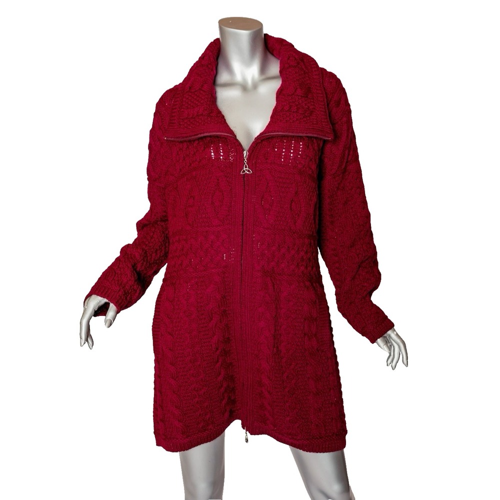 Aran Crafts Ireland 100% Merino Wool Long Cardigan Sweater Size XL Deep Red